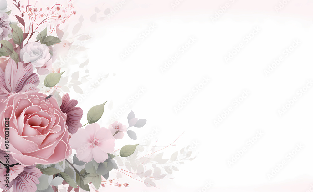 AI generated illustration of pink rose with white and gray foliage on a soft pink backdrop