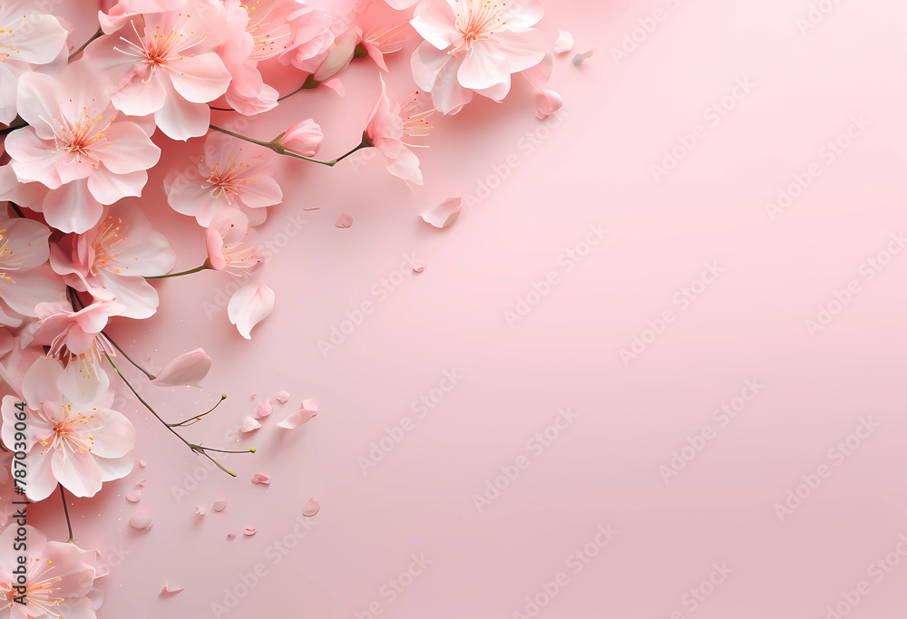 AI generated illustration of pink cherry blossoms on a pink backdrop with room for text
