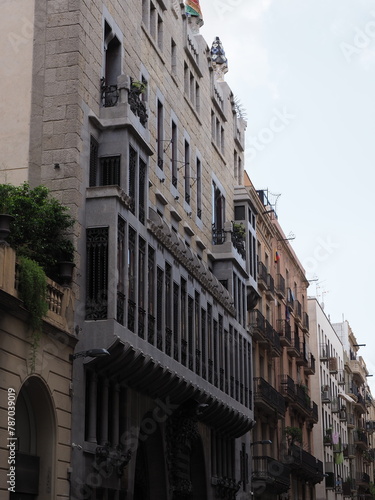 Facade of palace in European Barcelona city in Spain - vertical