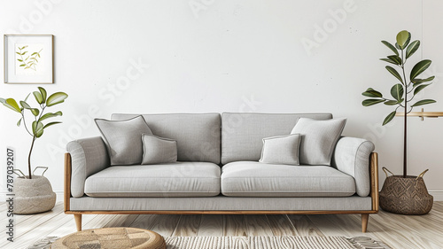 Modern interior design of a living room with a grey sofa and white wall background. Mockup for product display. Scandinavian style home decor