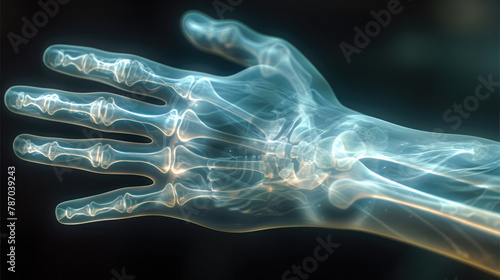 X-ray scan of a hand with a faint glow, showcasing the intricate bone structure, set in a dimly lit environment to enhance the skeletal details and textures. High detail. Generative AI.