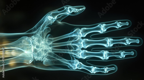 X-ray scan of a hand with a faint glow, showcasing the intricate bone structure, set in a dimly lit environment to enhance the skeletal details and textures. High detail. Generative AI.