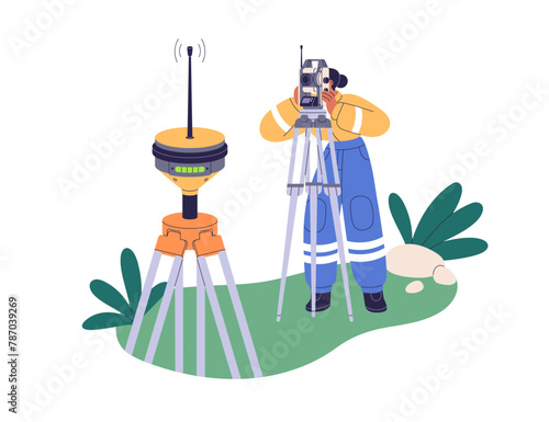 Surveyor with total station theodolite and GPS receiver to determine position. Geodesy worker works with surveying tool, device for measurement. Flat vector illustration isolated on white background