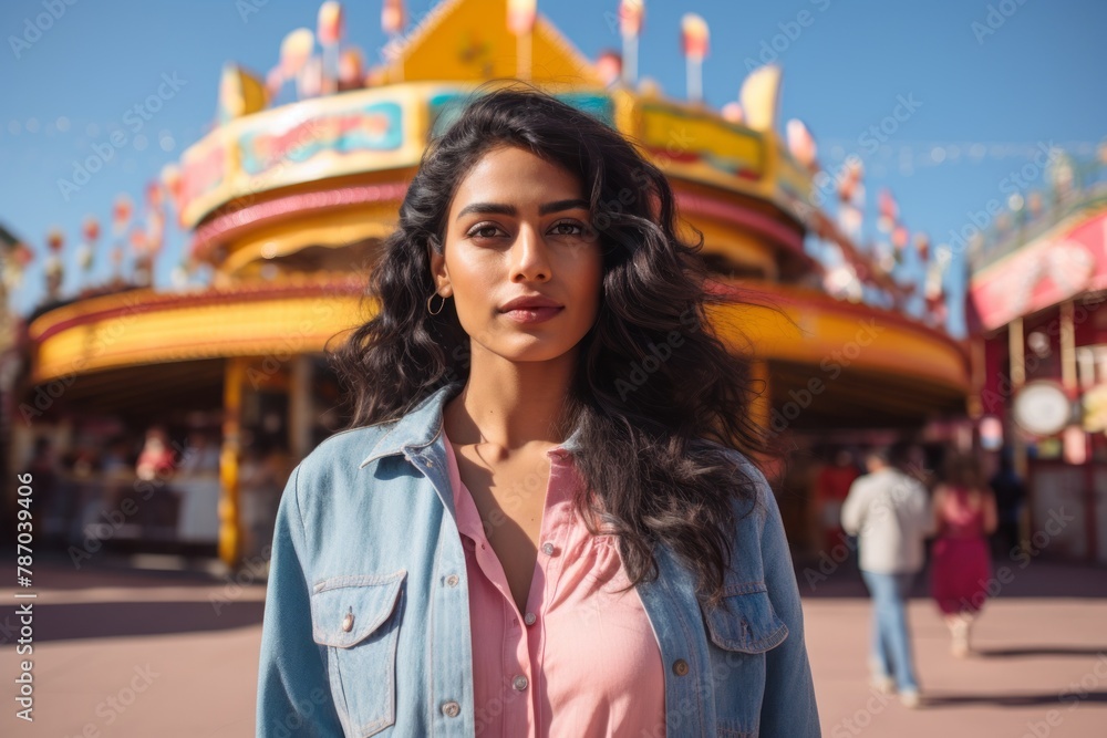 Portrait of a content indian woman in her 30s sporting a versatile denim shirt in vibrant amusement park