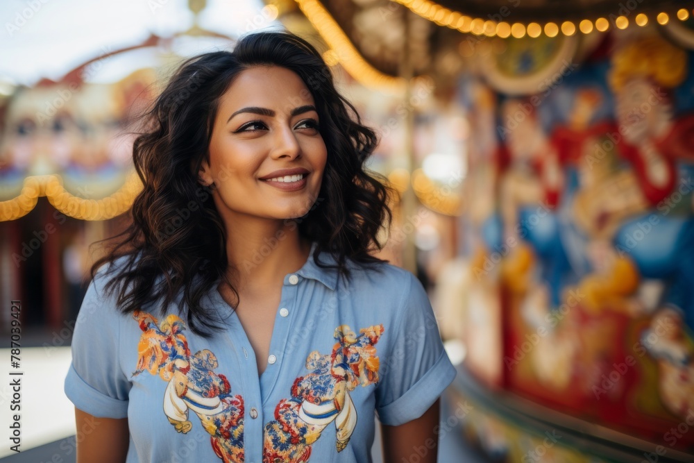 Obraz premium Portrait of a content indian woman in her 30s sporting a versatile denim shirt over vibrant amusement park