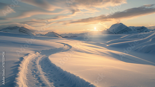 Step into the enchanting world of a snowy mountain landscape at sunrise, where a winding footpath beckons exploration photo