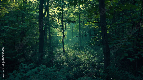 Step into the enigmatic world of a dark green forest, where nature's shadows create a haunting atmosphere