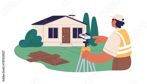 Surveyor works with laser level tool for measurement. Surveying engineer checking building, construction with measuring device, equipment. Flat vector illustration isolated on white background