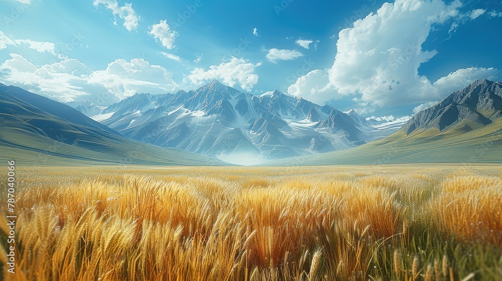 A massive mountain range from wheat fields in a small valley. Generative AI.