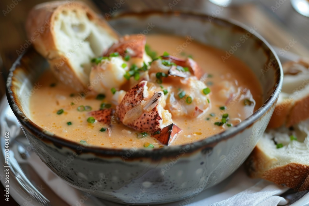 A delicious bowl of lobster bisque soup served with a side of crusty bread on a plate.