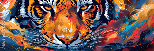 The close-up of the tiger's face is illustrated using swirling abstract patterns and an explosion of colors to evoke ferocity photo