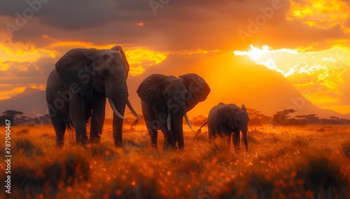 A group of elephants grazing in a field under the colorful sky of the sunset, showcasing the beauty of these majestic creatures in their natural environment