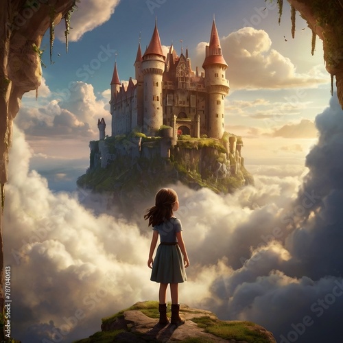 Step into a fairytale world where a young girl encounters a floating castle, bathed in golden light and mystery, sparking imagination and adventure.
 photo