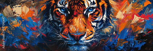 A powerful depiction of a tiger’s fierce expression, blending abstract elements into a captivating art piece