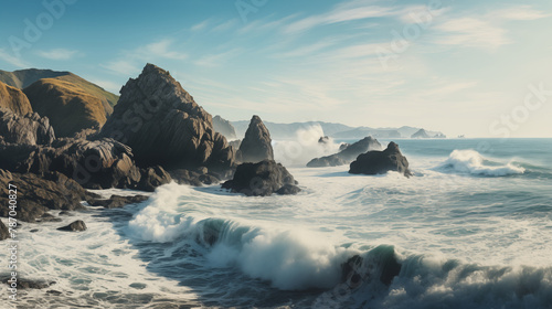 A scenic coastal vista with waves crashing against rocky cliffs, with clear space in the center for text to stand out