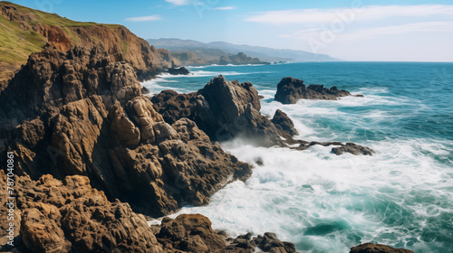A scenic coastal vista with waves crashing against rocky cliffs, with clear space in the center for text to stand out © Nittaya