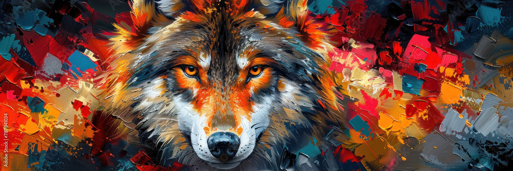 A captivating wolf gaze pierces through a backdrop of abstract color splashes, reflecting a primal spirit - obrazy, fototapety, plakaty 