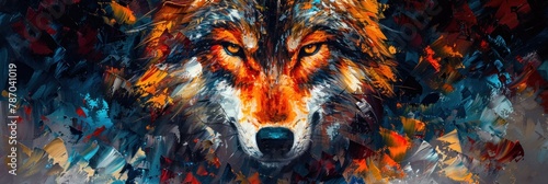 Close-up of a wolf set against an explosive backdrop of fiery red and orange, symbolizing passion and energy photo