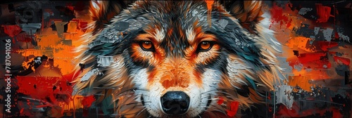 An art piece showcasing a wolf's fierce nature amongst a chaotic mix of abstract strokes and patterns photo