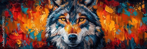 Detailed wolf features stand against a splattered, lively colored backdrop, embodying raw animal beauty photo