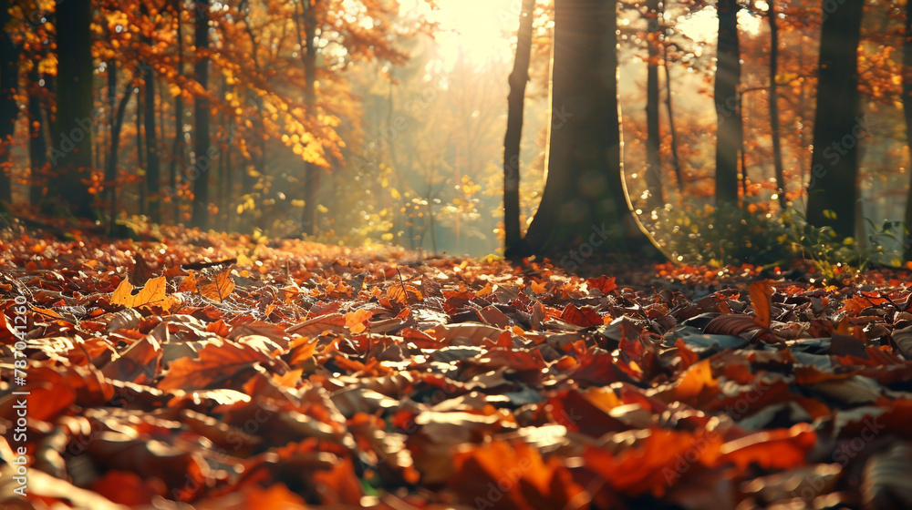 Step into the picturesque beauty of an HD capture showcasing a fall season landscape. Witness the forest floor covered with fallen leaves, bathed in the soft glow of the autumnal sun filtering 