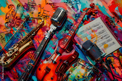 Eclectic Representation of Various Musical Genres through Instruments and Sound Waves photo