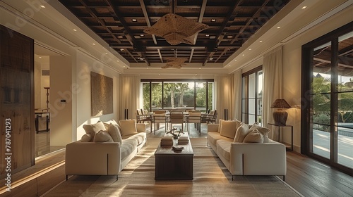 The living room in an elegant villa  featuring neutral tones and light wood accents with natural lighting. The ceiling is made from dark brown wooden panels. Generative AI.