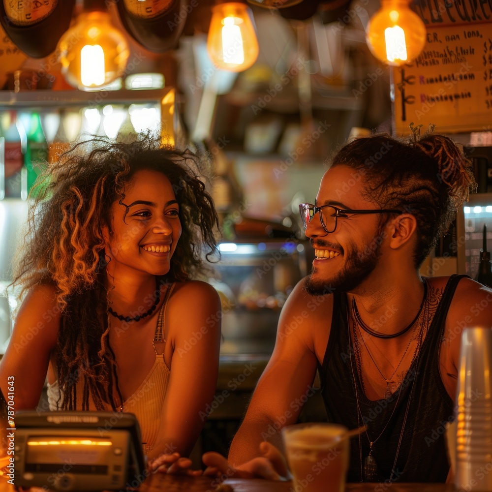 A photograph of two Brazilian individuals happily seated in a cafe. he ambiance is cozy and intimate, with hanging lights casting a soft glow over their faces - AI Generated Digital Art