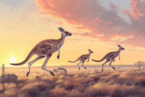 A family of red kangaroos bounding across the Australian dry grass field.