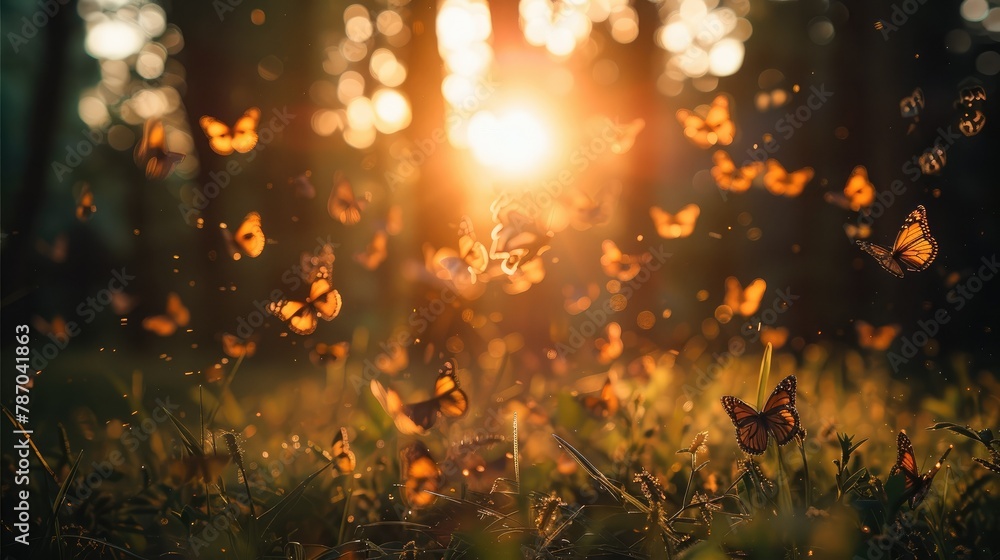 The sunrise in the forest, butterflies are flying. Generative AI.