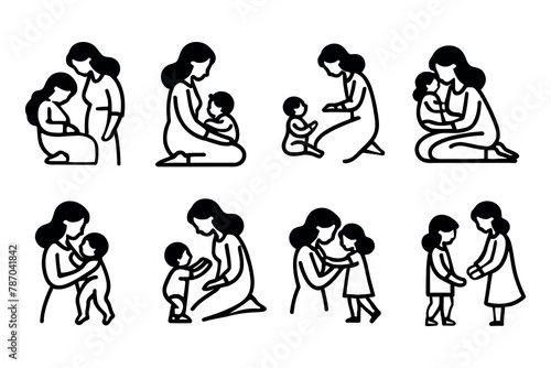 Set of mother and baby pictograms flat icons isolated on white background, vector