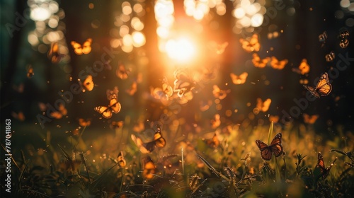 The sunrise in the forest  butterflies are flying. Generative AI.