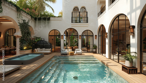 A contemporary villa with an arched window and a pool, featuring minimalist design elements and a beige color scheme, with outdoor furniture. Created with Ai 
