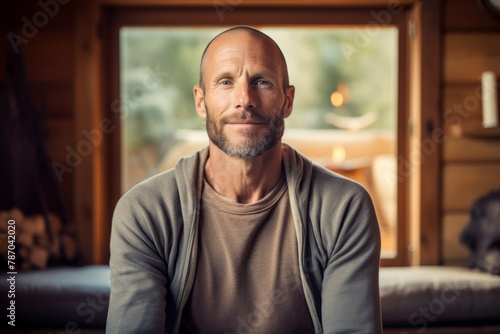 Portrait of a happy man in his 40s wearing a classic turtleneck sweater in serene meditation room