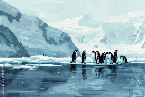 A group of penguins is seen walking across a body of water, their webbed feet propelling them forward in unison.