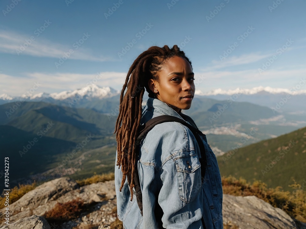 Young positive African American woman with a tourist backpack stands on top of a rock in the mountains, travels and enjoys a beautiful view of the mountains, Tourism and travel. 