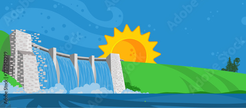 Hydroelectric dam and sun , hydroelectric power plant, green energy, renewable energy sources - vector illustration