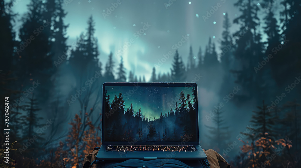 Laptop with aurora screen, A laptop set in a dark, nighttime forest background, with the screen showing a live feed of the aurora. Generative AI.