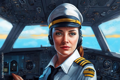 Woman airline pilot smiling portrait in plane cockpit Day time,