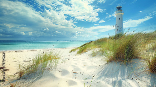 Step onto the sands of a picturesque beach where a lighthouse commands attention against a backdrop of pristine white photo