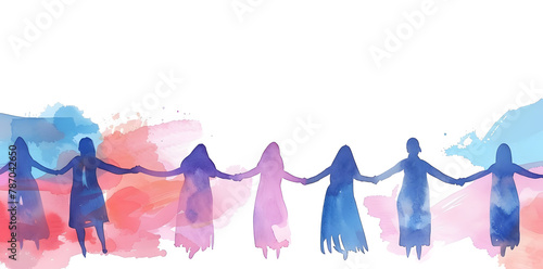 International women's day watercolor banner. Group silhouette of multicultural women holding hands standing together isolated on white background. Copy space for text photo