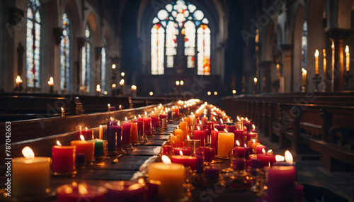 Candles burning in a church background.