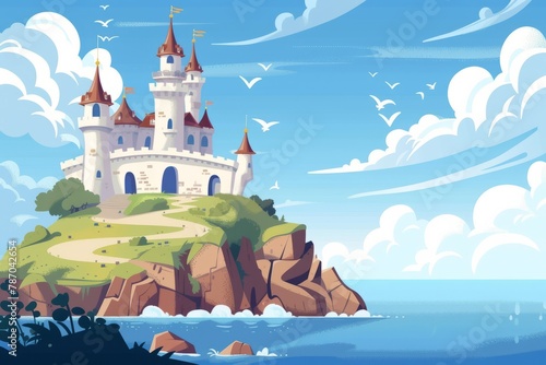 A mystical castle perched on a cliff overlooks a small island in the middle of the ocean.