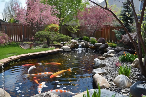 A backyard pond filled with vibrant koi fish in a serene Japanese garden setting. © Vit