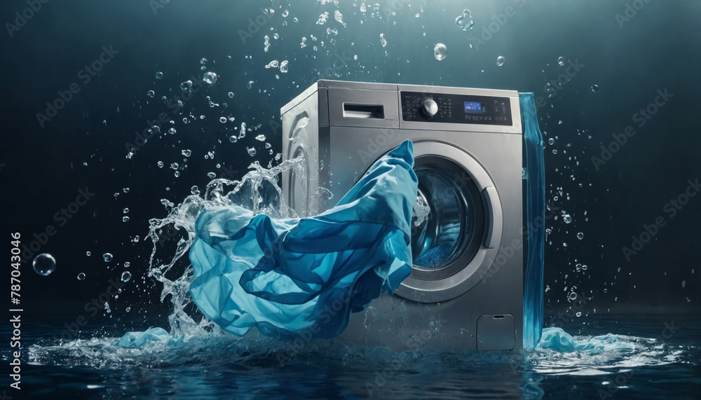 Cleaning clothes washing machine with floating shirt and dress underwater with bubbles and wet splashes laundry work  - obrazy, fototapety, plakaty 