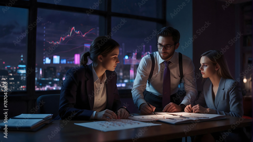 Working meeting of a number of accountants, cinematic light. Charts, diagrams, graphs. red light, purple light, pink light, blue light, professional lights Working meeting of a number of accountants, cinematic light. Charts, diagrams, graphs. red light, purple light, pink light, blue light, professional lights