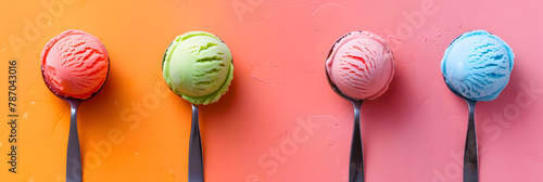 Ice cream scoop balls on differnt colour background , top view photo