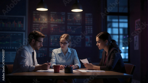 Working meeting of a number of accountants, cinematic light. Charts, diagrams, graphs. red light, purple light, pink light, blue light, professional lights