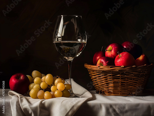An elegant still life featuring a wine glass, grapes, and apples on a table, illuminated with soft lighting
