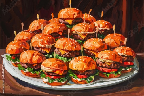 A plate filled with delicious mini sliders, each adorned with toothpicks, perfect for a party or gathering.